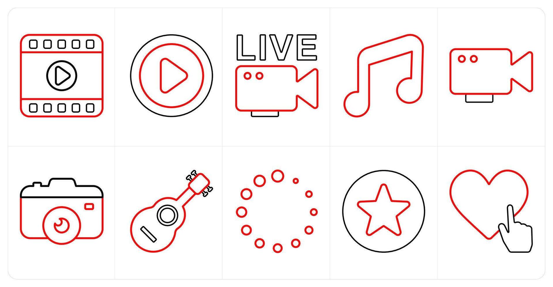 A set of 10 mix icons as clip, play, live in red line color vector