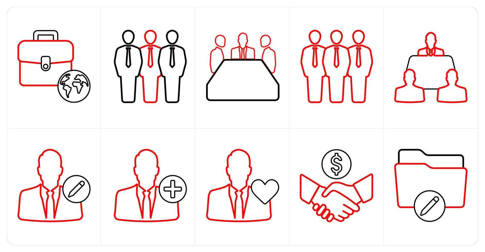 A set of 10 mix icons as global business, team, meeting in red line color vector