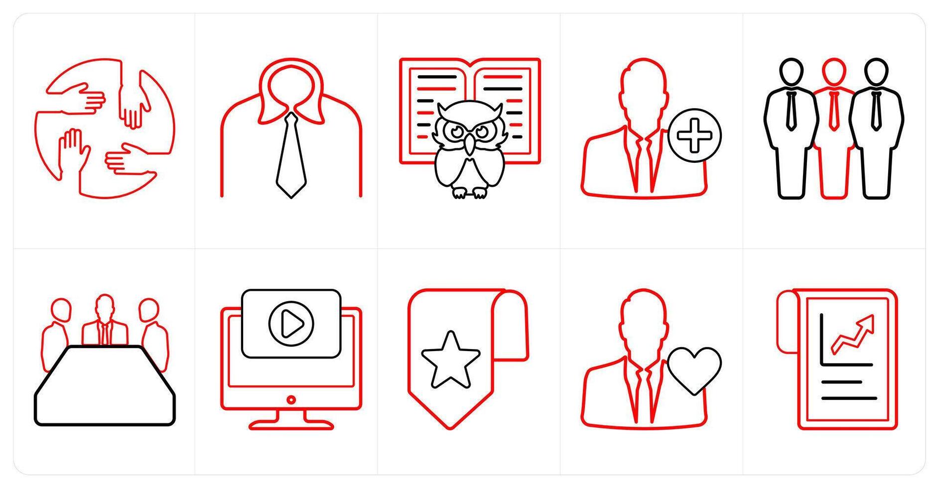 A set of 10 mix icons as teamwork, suite, educate in red line color vector