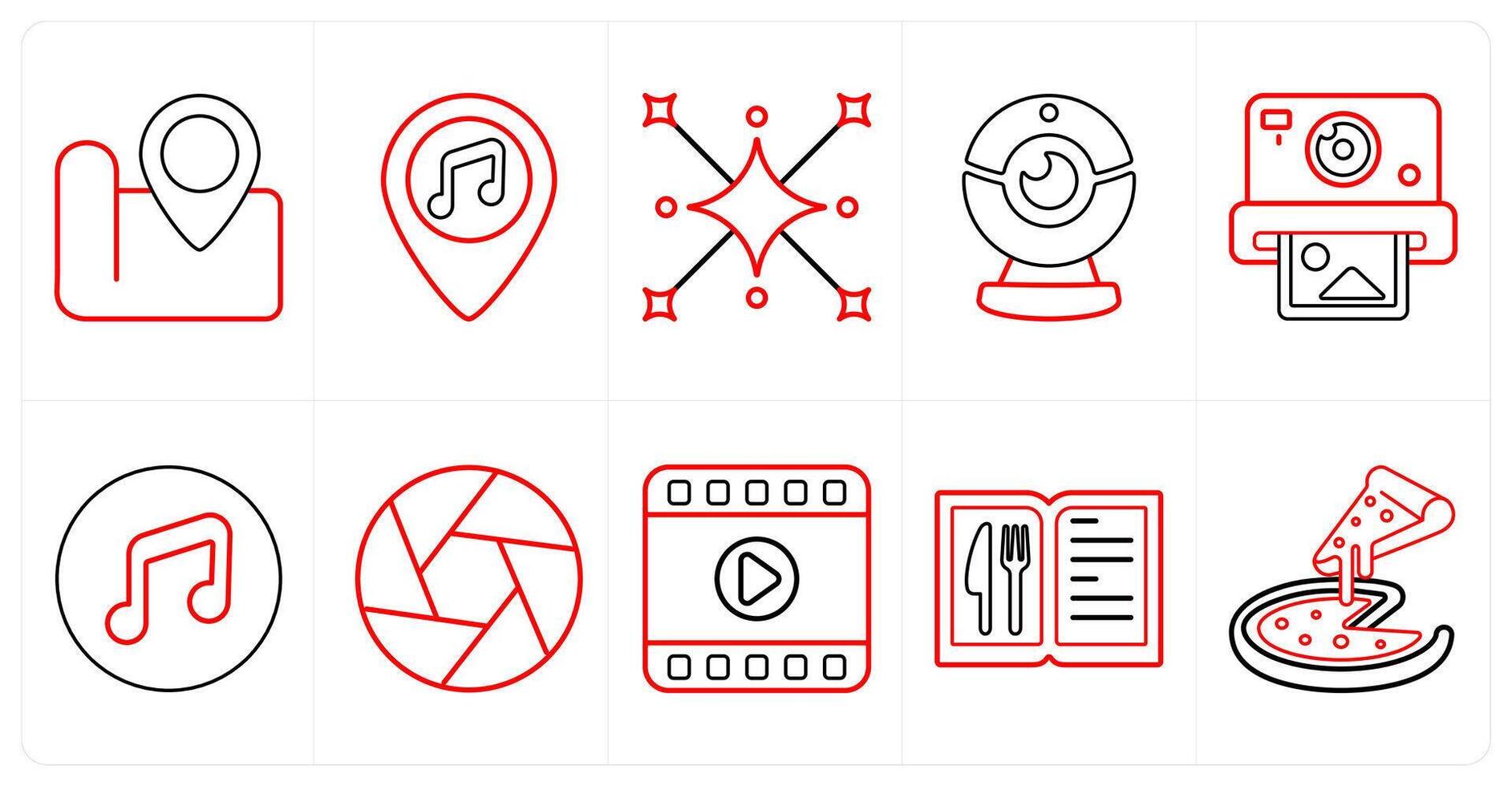 A set of 10 mix icons as location, bar location, blast in red line color vector