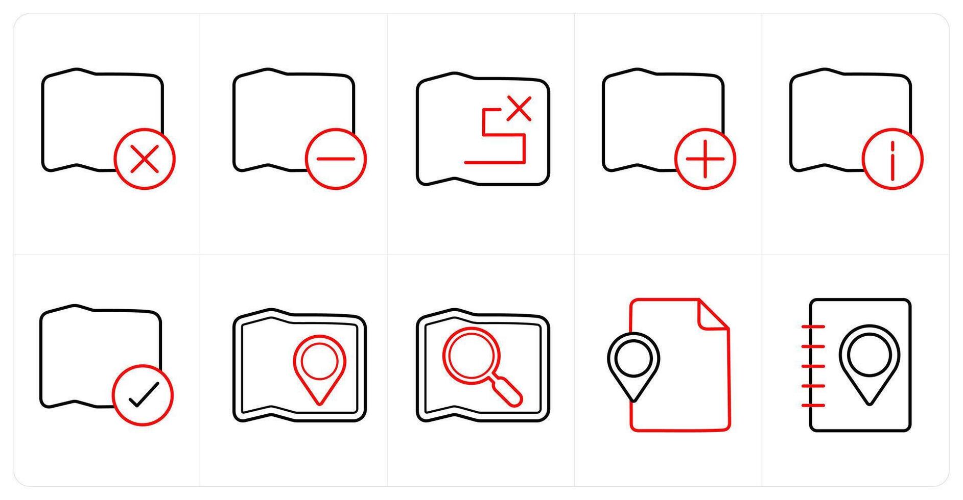 A set of 10 Navigation icons as wrong map, map, wrong route in red line color vector