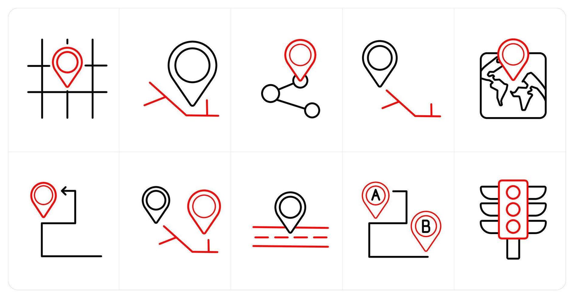 A set of 10 Navigation icons as direction, city map, share location in red line color vector