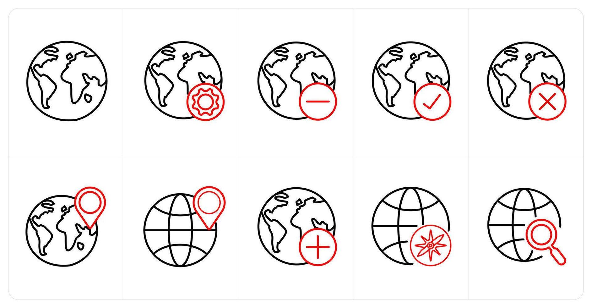 A set of 10 Navigation icons as global, map settings, location in red line color vector