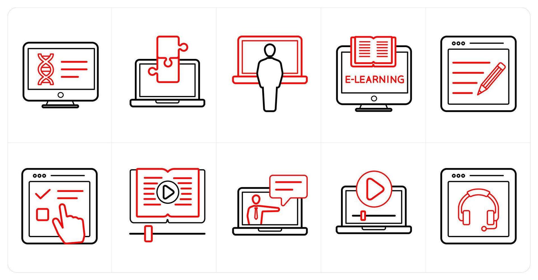 A set of 10 online education icons as online classes, puzzle, online course in red line color vector