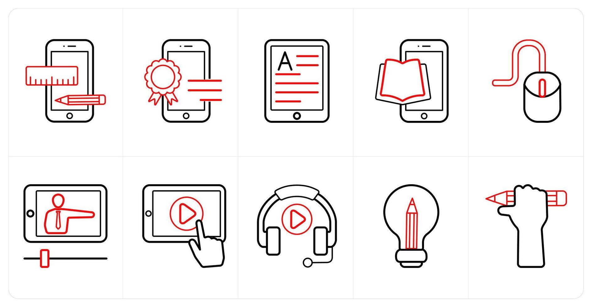 A set of 10 online education icons as graphic, mobile diploma, article in red line color vector