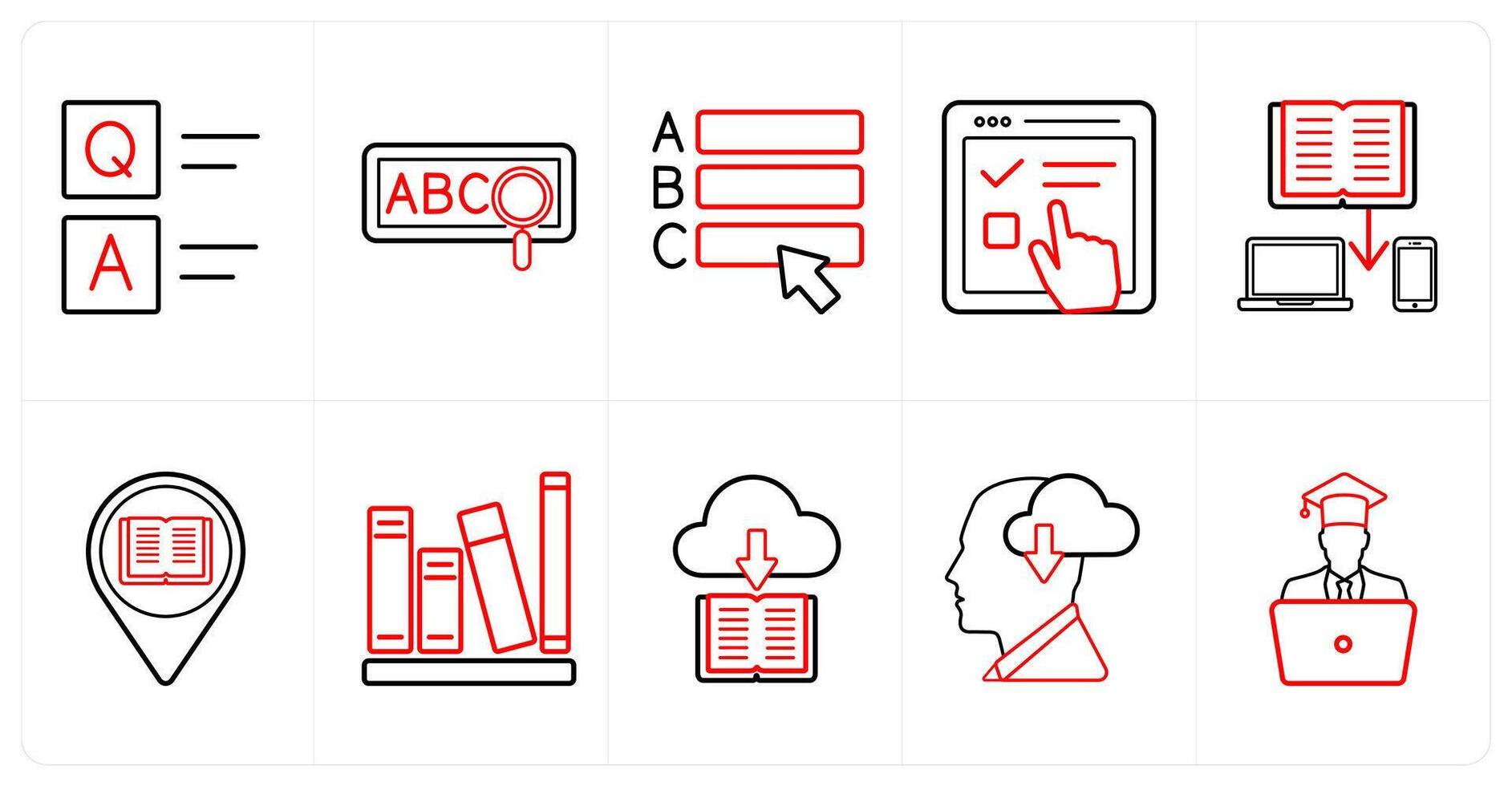 A set of 10 online education icons as questionnaire, abc, online exam in red line color vector