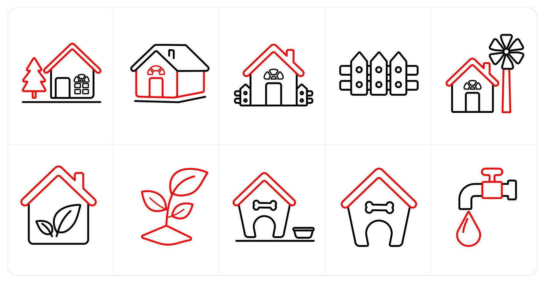 A set of 10 Real Estate icons as farm house, rural house, cottage in red line color vector