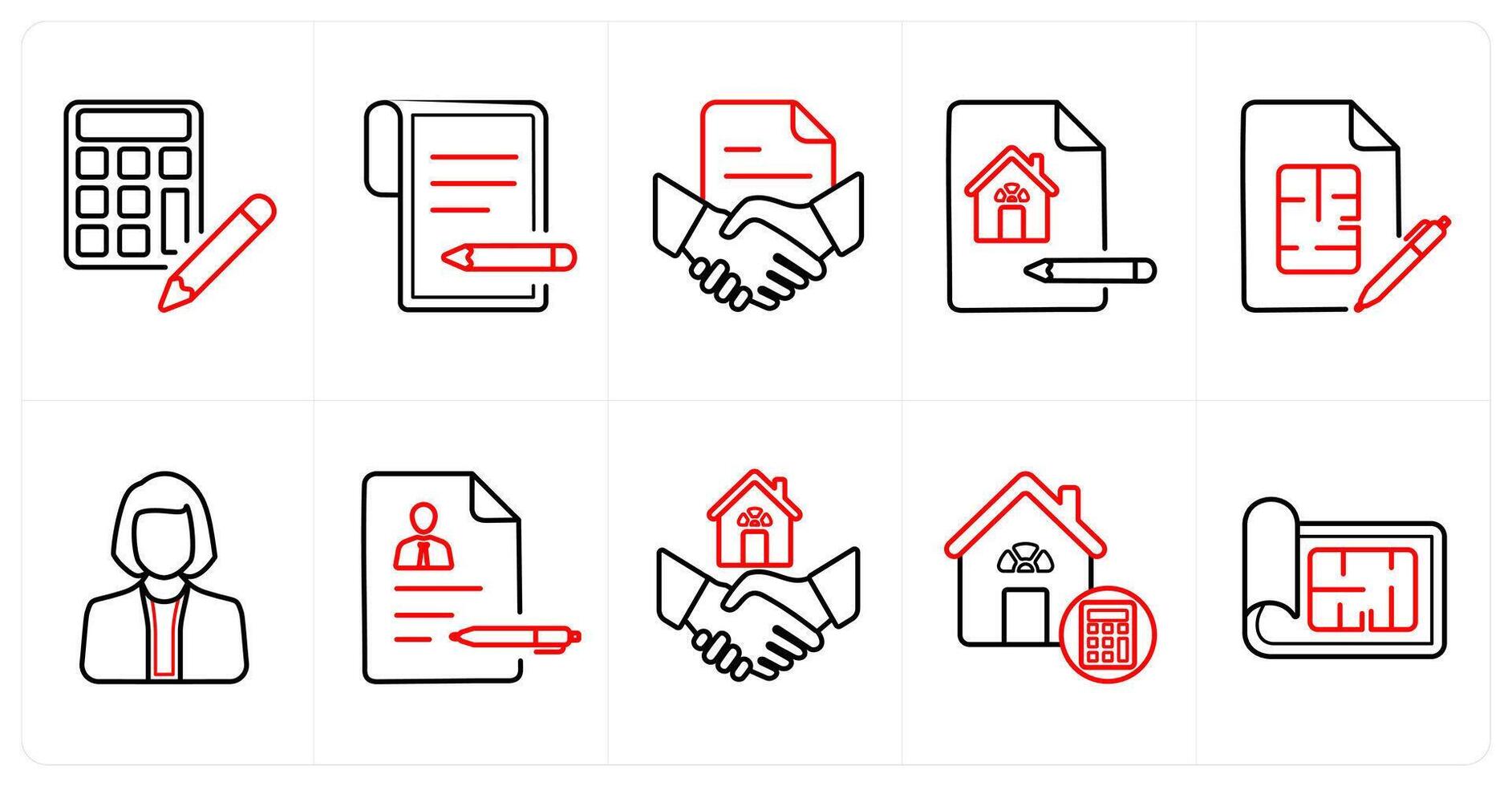 A set of 10 Real Estate icons as budget, contract, agreement in red line color vector