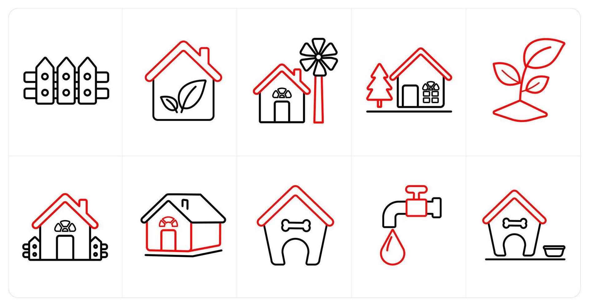 A set of 10 Real Estate icons as fence, ecological house, windmill in red line color vector