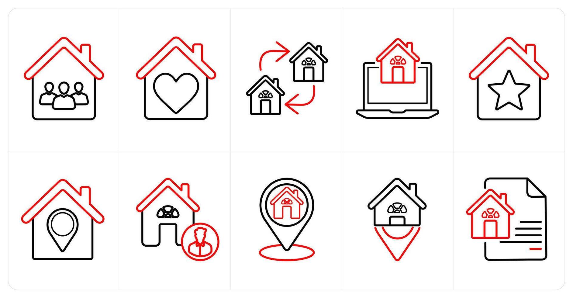 A set of 10 Real Estate icons as house value, house size, home search in red line color vector