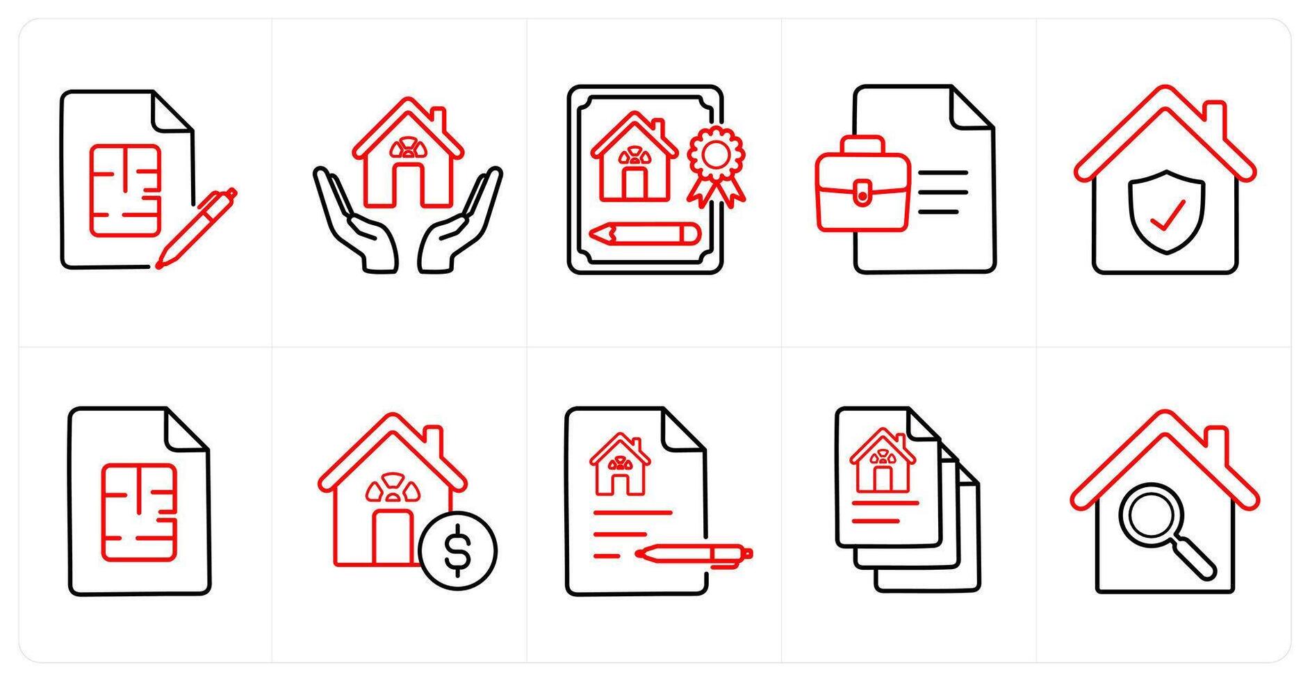 A set of 10 Real Estate icons as architectural terms, architect, family home in red line color vector