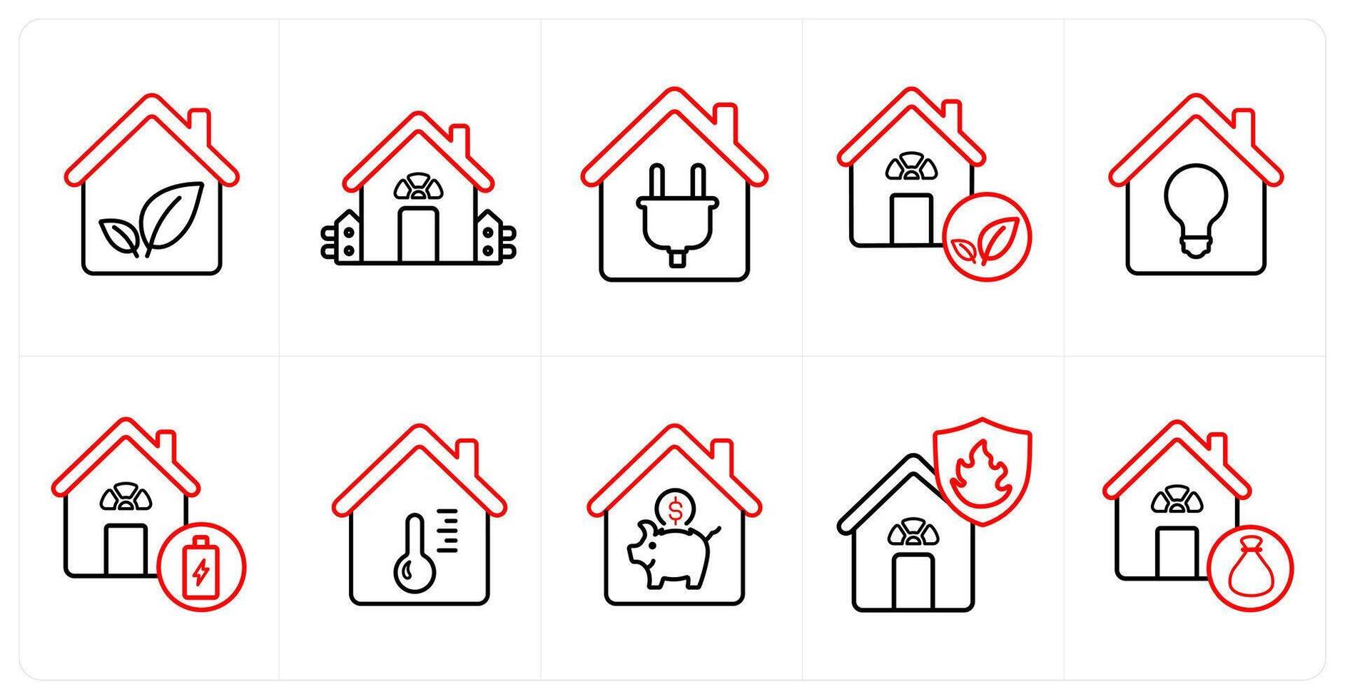 A set of 10 Real Estate icons as floor plan blue print, home insurance, mortgage application in red line color vector