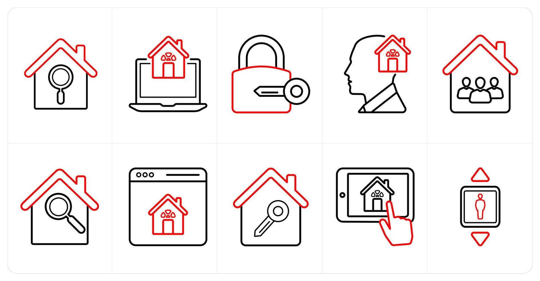A set of 10 Real Estate icons as property budget, house value, property upgrades in red line color vector