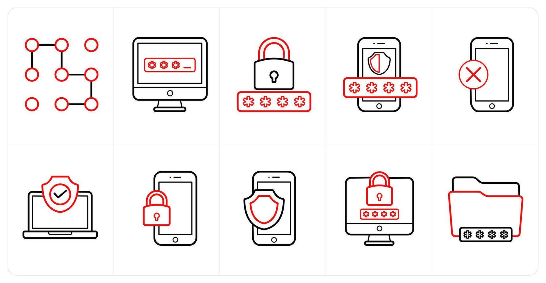 A set of 10 Security icons as pattern, password, login in red line color vector
