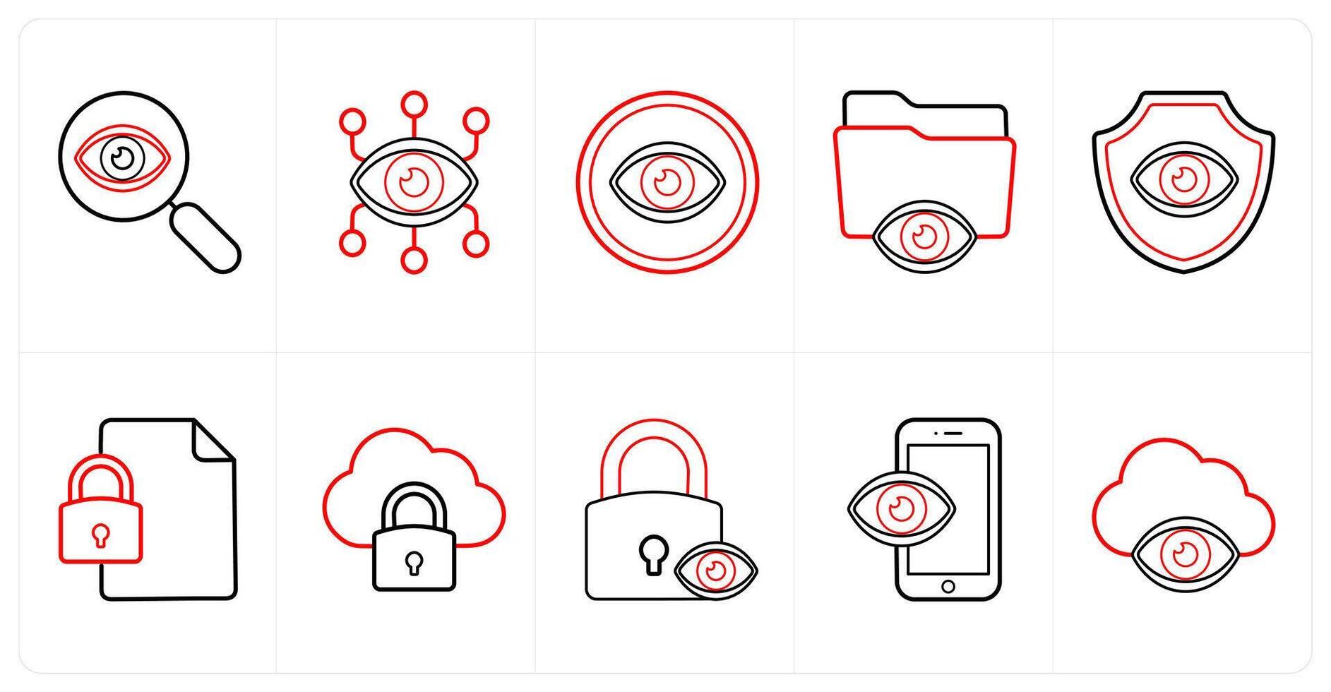 A set of 10 Security icons as search, security, eye in red line color vector