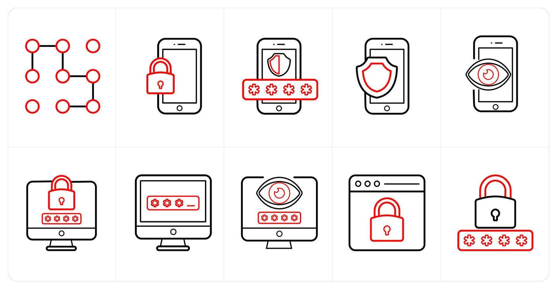 A set of 10 Security icons as pattern, mobile security, security password in red line color vector