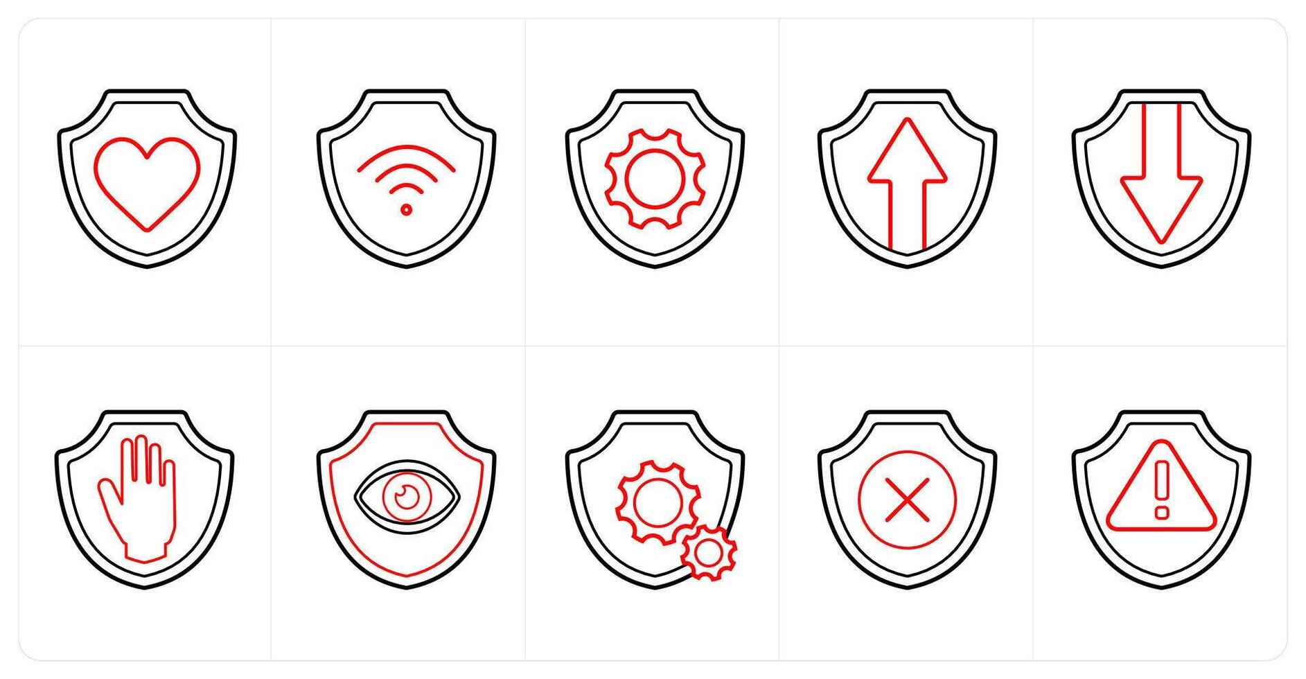 A set of 10 Security icons as favorite, secured wifi, shield, security in red line color vector