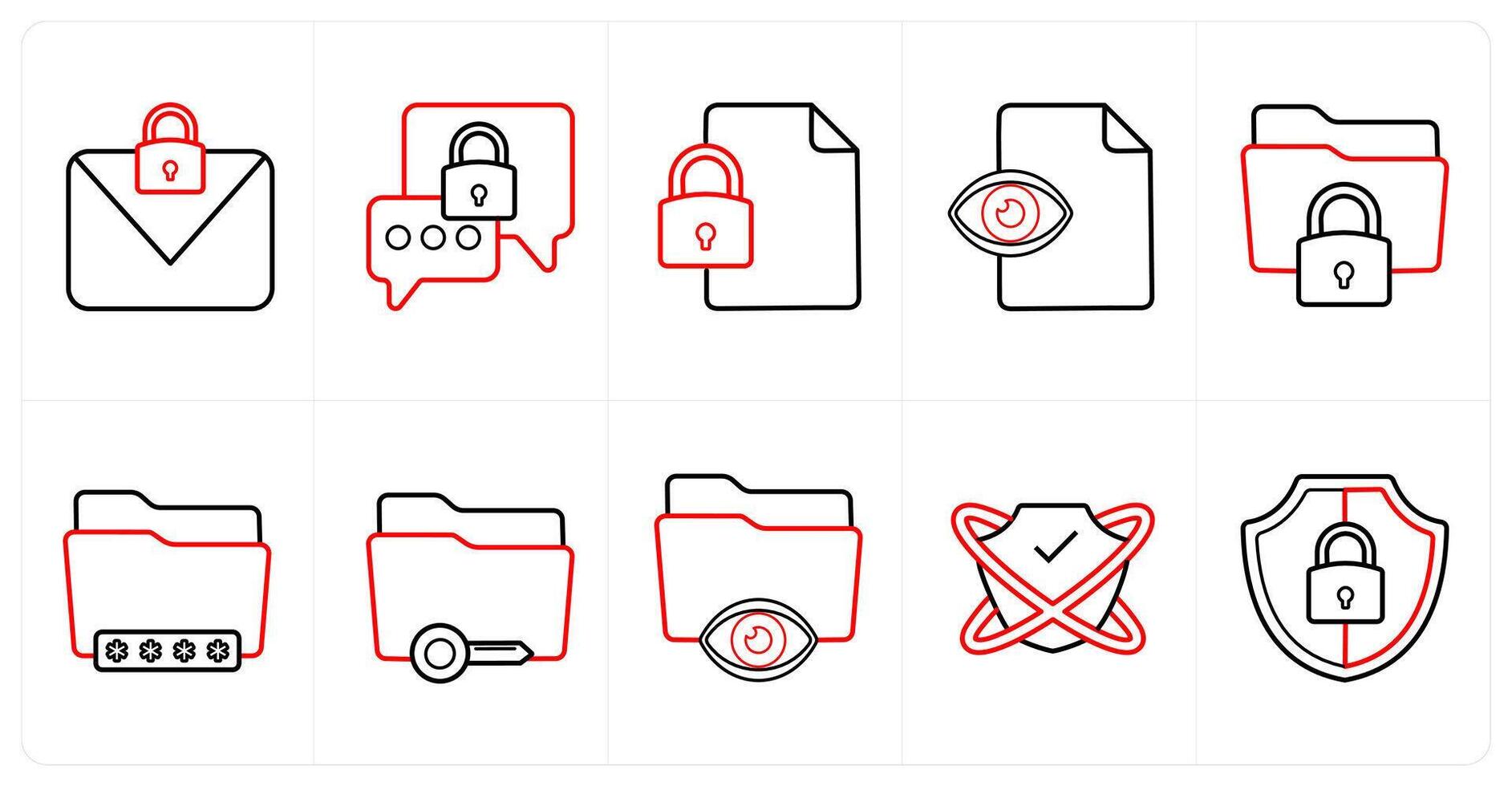 A set of 10 Security icons as email protection, encrypted message, file protection in red line color vector