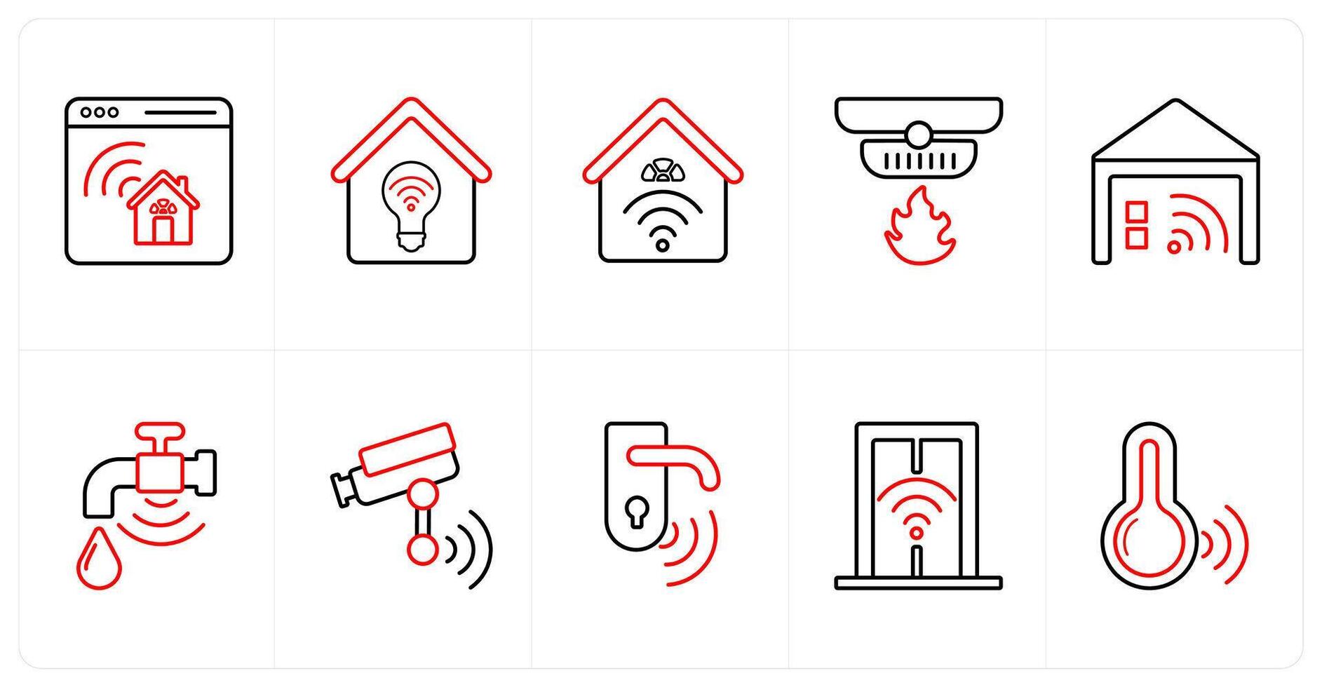 A set of 10 Smart Home icons as house designing, innovative house, smart home in red line color vector