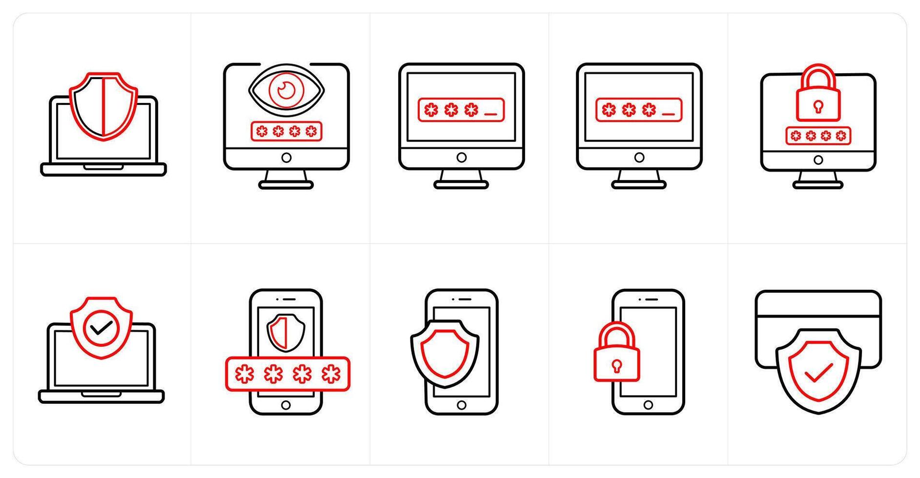 A set of 10 Security icons as laptop security, password, antivirus in red line color vector