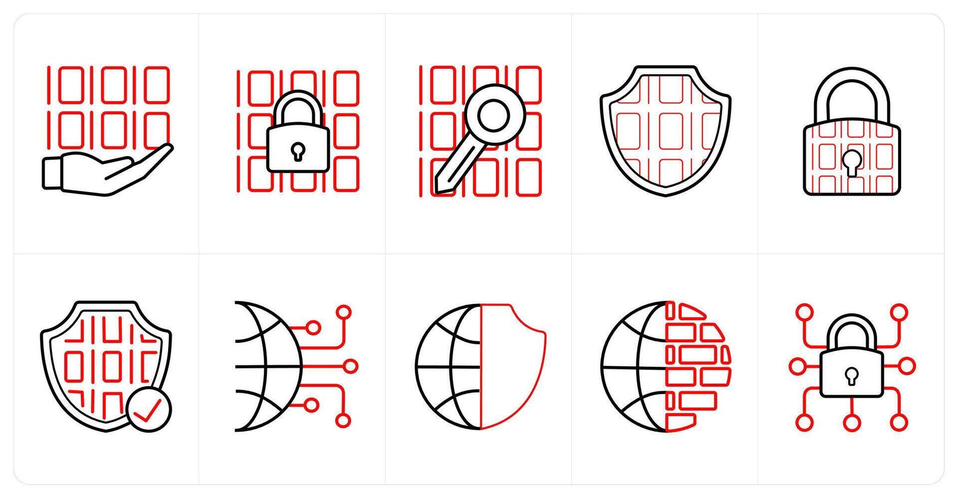 A set of 10 Security icons as programming, data security, data in red line color vector