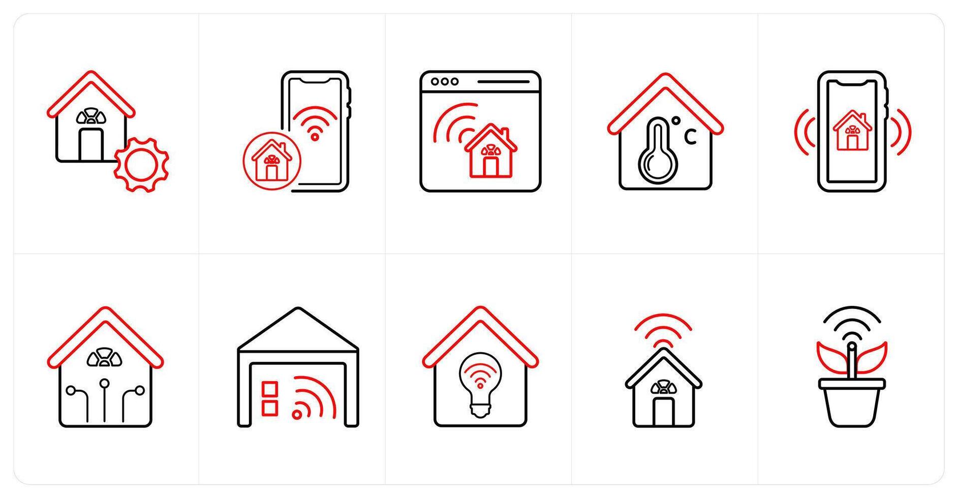 A set of 10 Smart Home icons as house optimization, house wifi, home designing in red line color vector