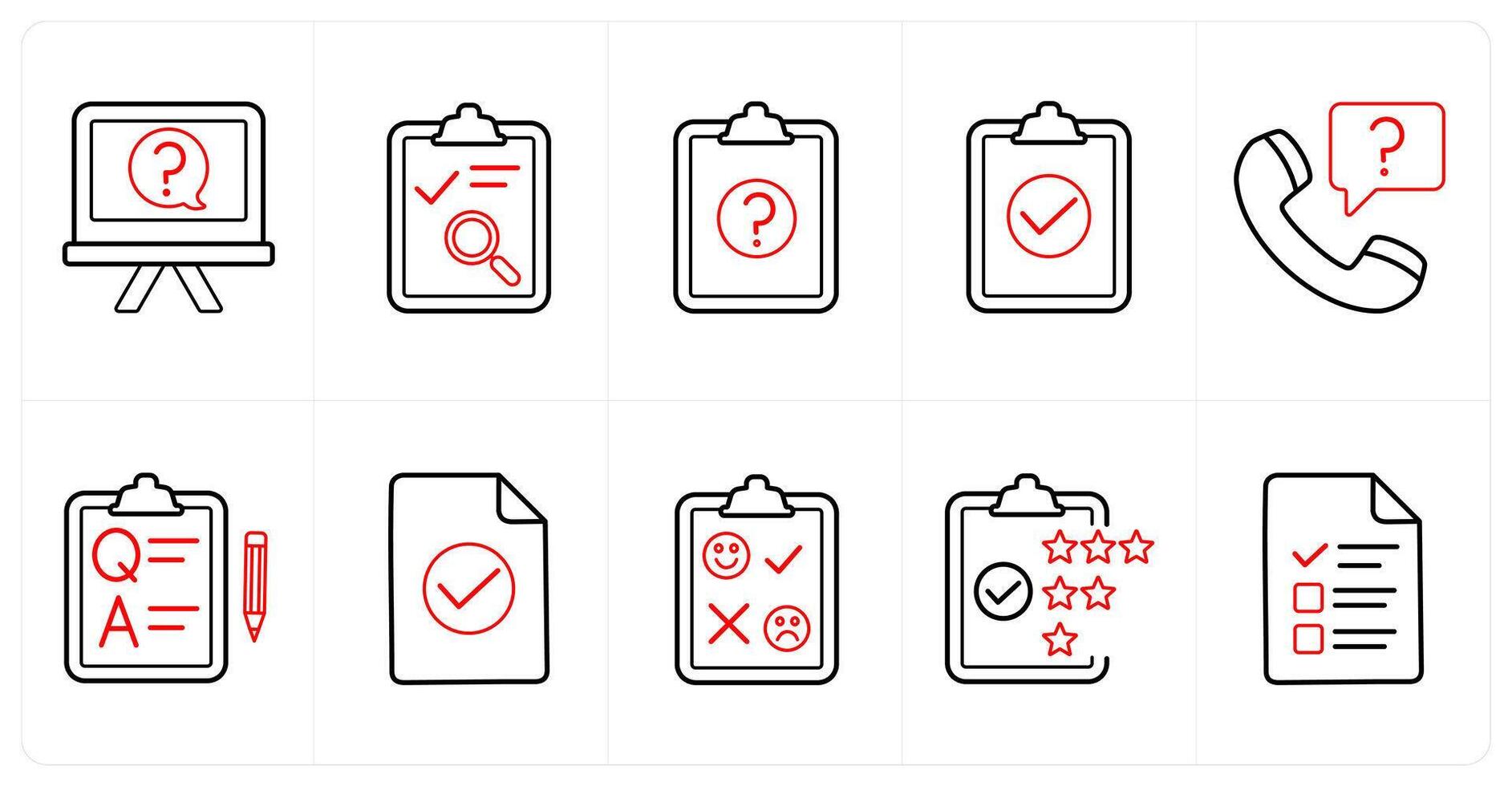 A set of 10 survey and ratings icons as question, checklist, survey in red line color vector