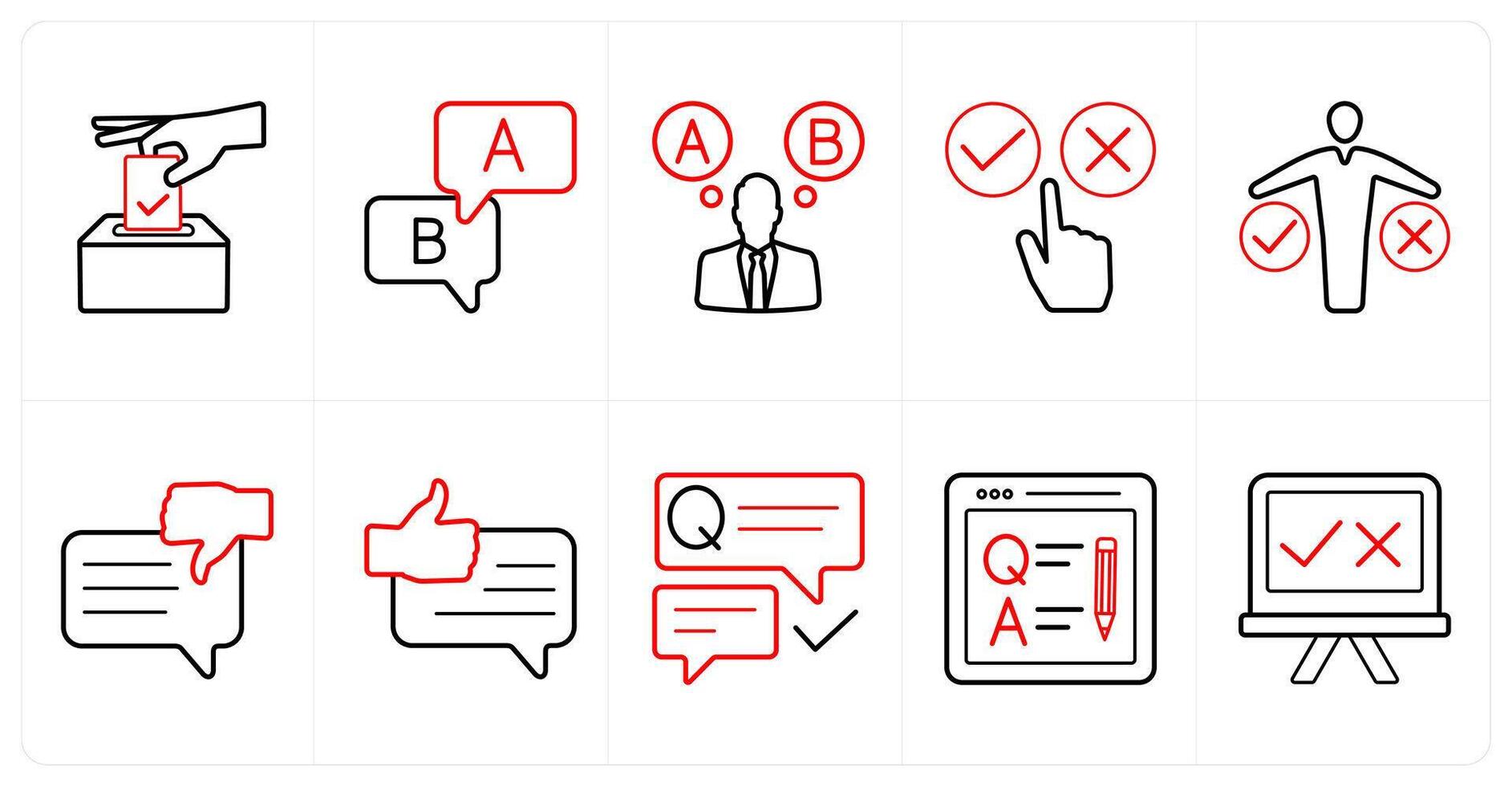A set of 10 survey and ratings icons as election, option, survey in red line color vector