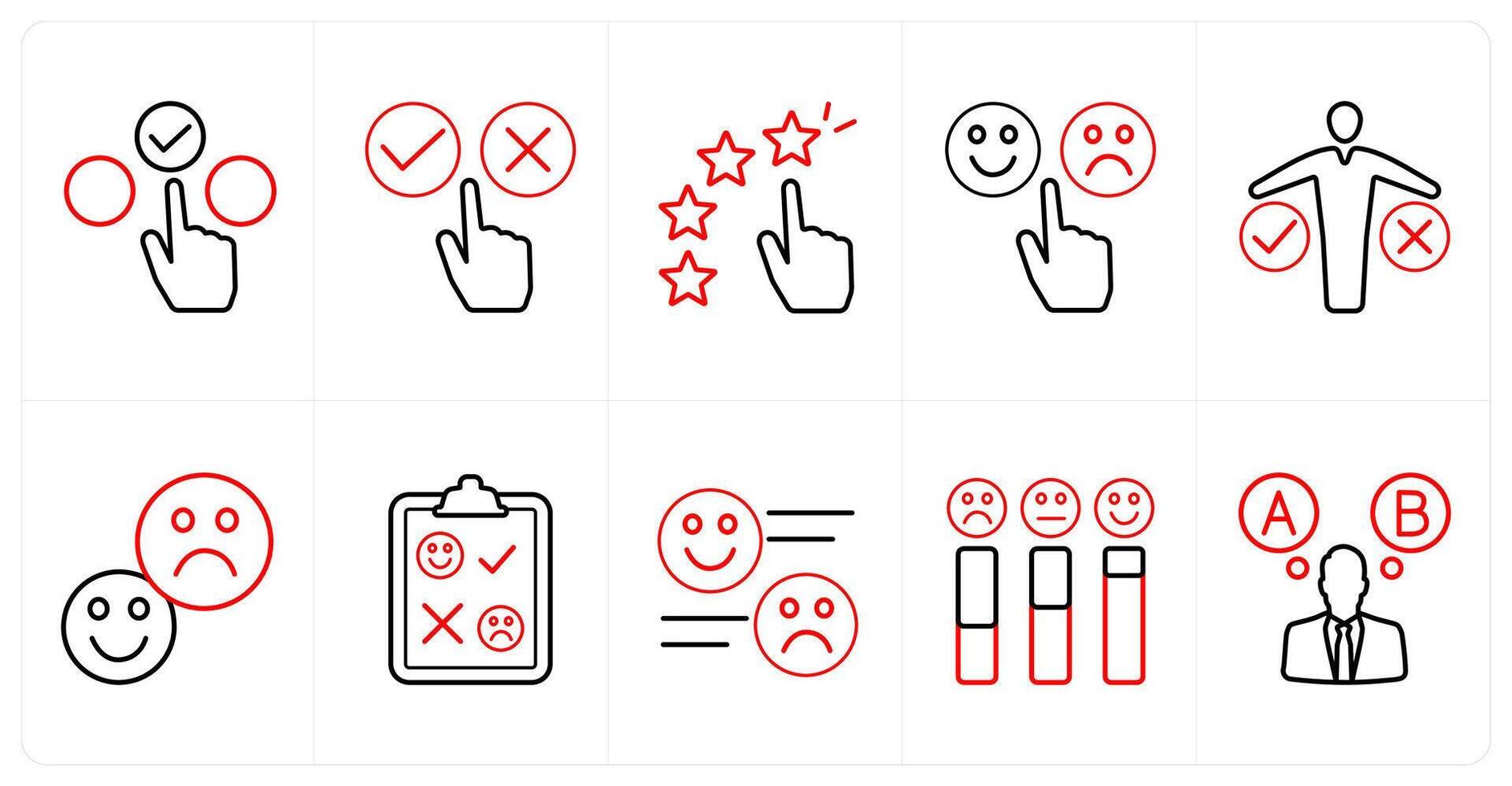 A set of 10 survey and ratings icons as choice, survey, star rating in red line color vector