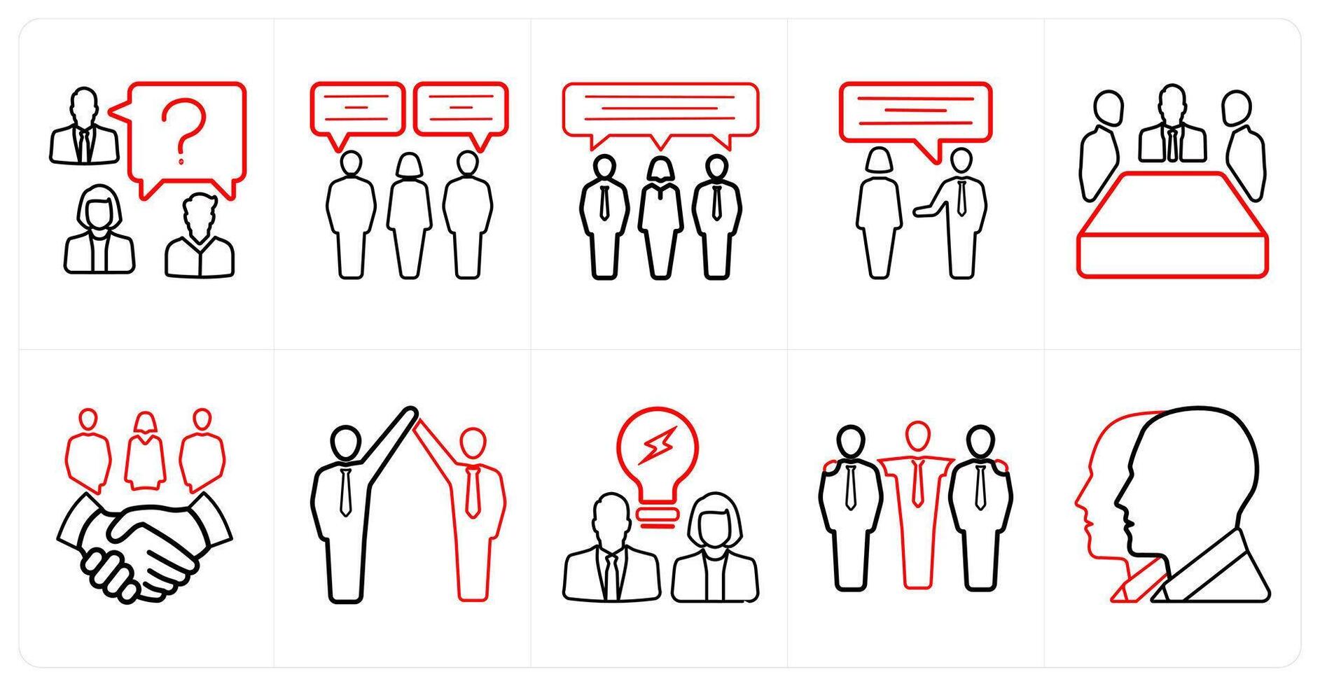 A set of 10 Teamwork icons as question, communication, conference in red line color vector