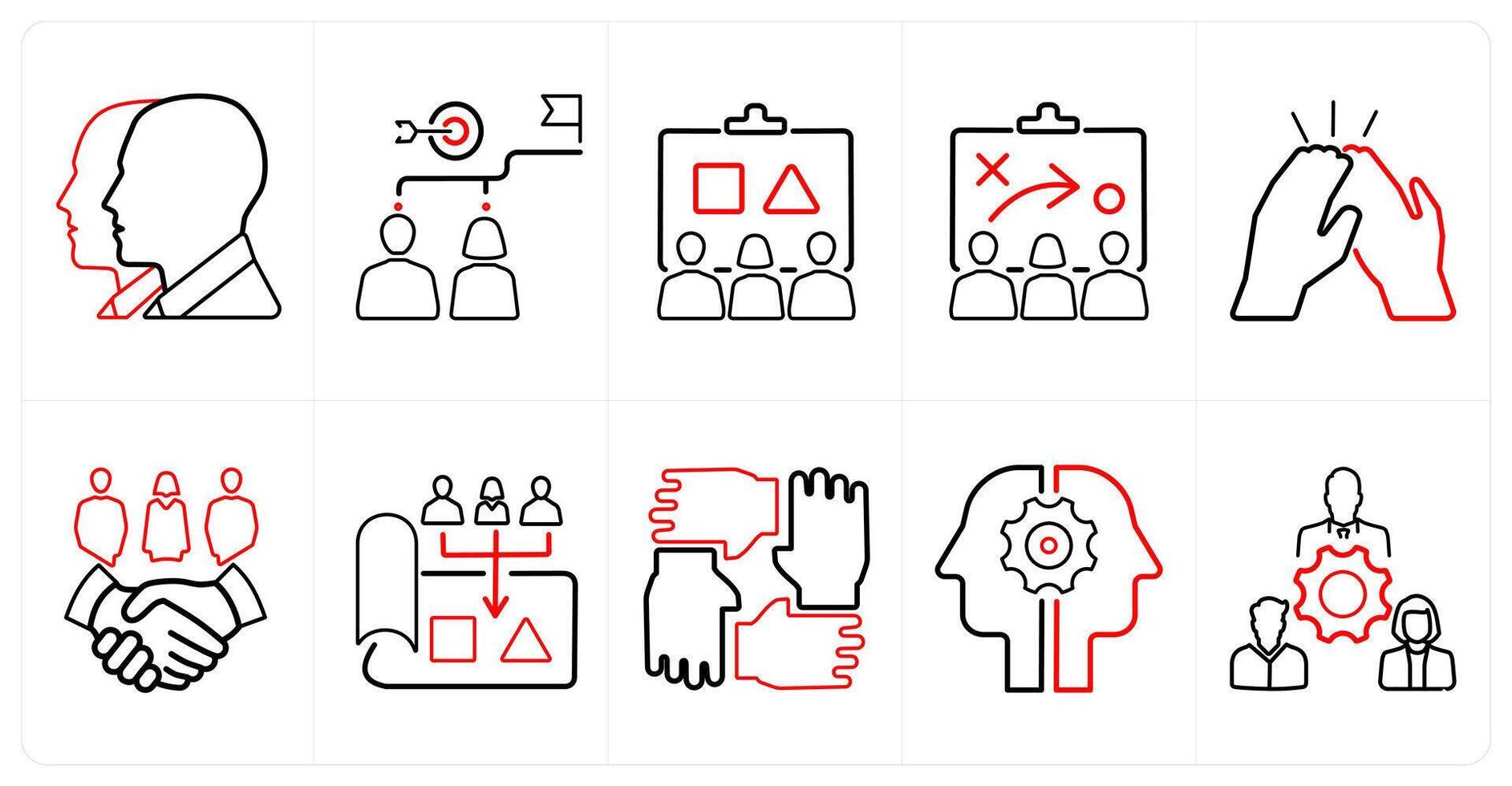 A set of 10 Teamwork icons as group people, target, planning in red line color vector