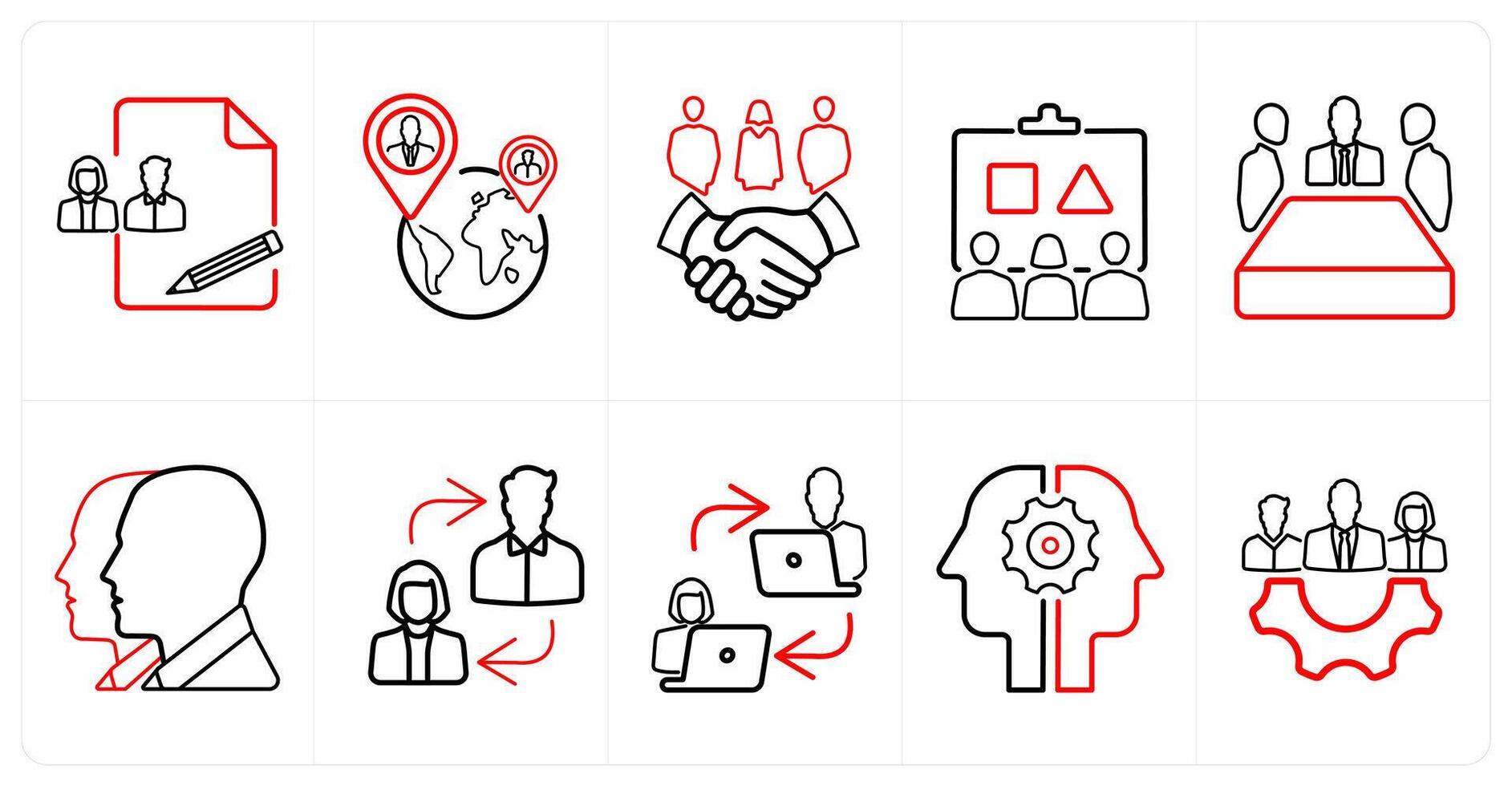A set of 10 Teamwork icons as creative, international team, partners in red line color vector