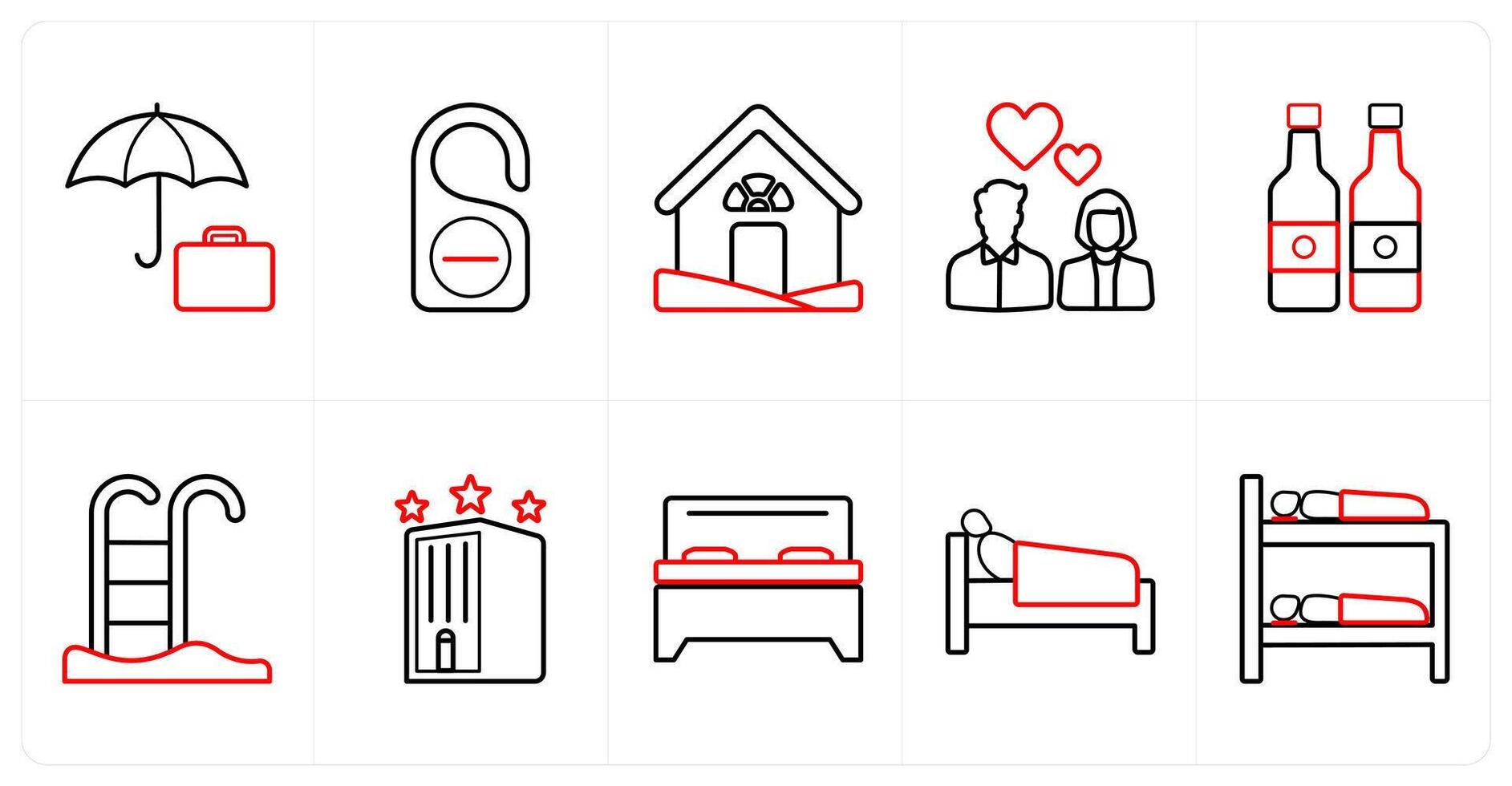 A set of 10 Travel and vacation icons as vacation, hotel label, house in red line color vector