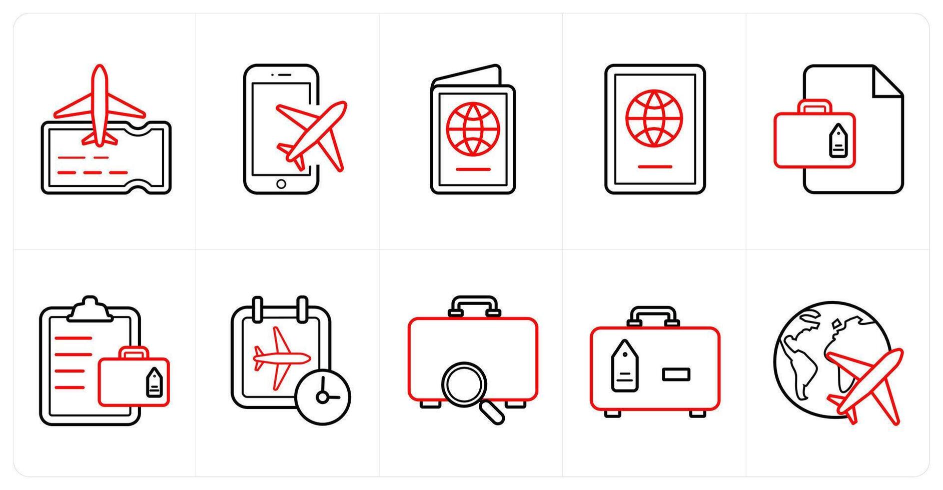 A set of 10 Travel and vacation icons as flight travel, book flight, passport in red line color vector