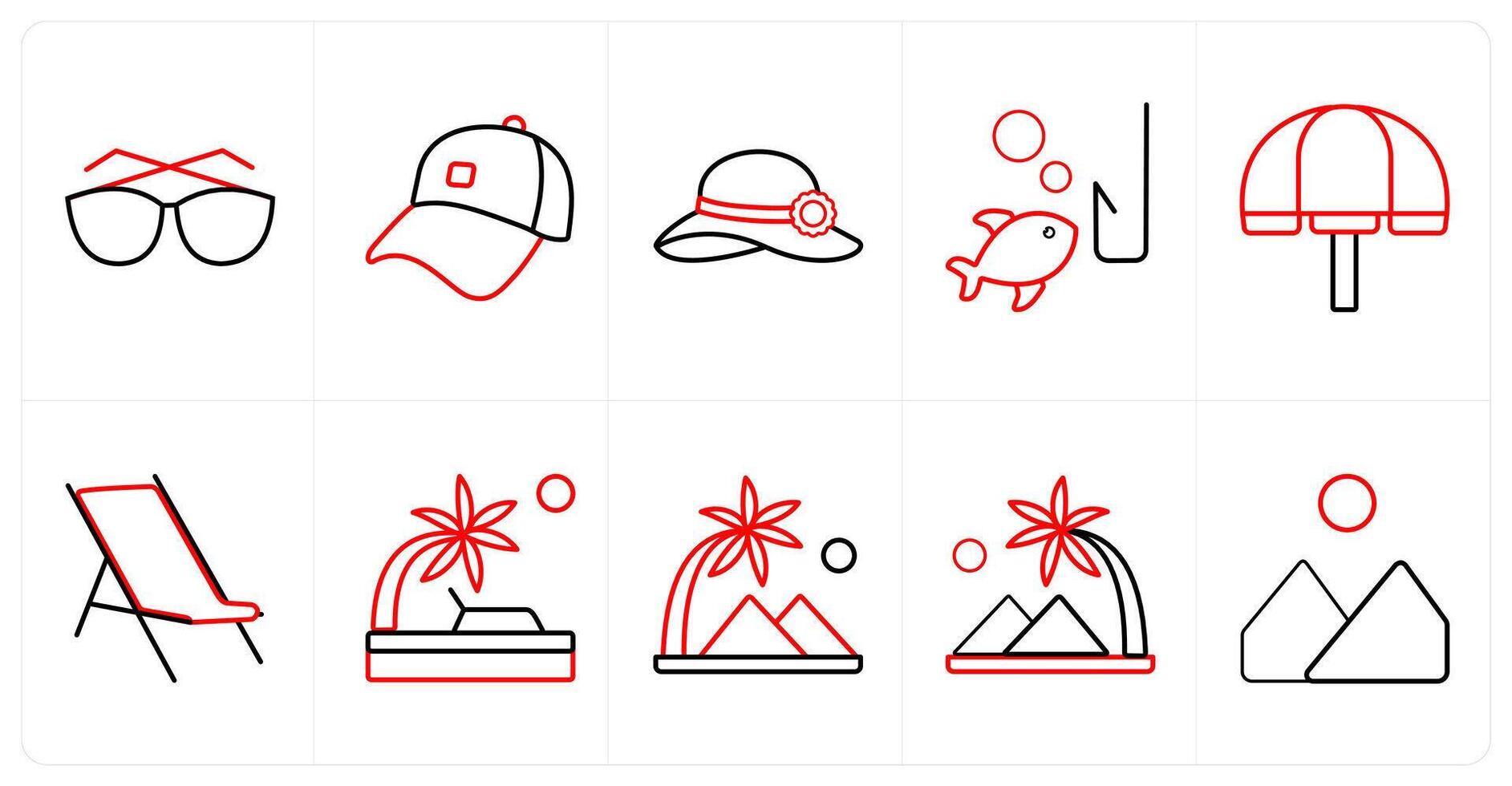 A set of 10 Travel and vacation icons as sunglasses, cap, hat in red line color vector