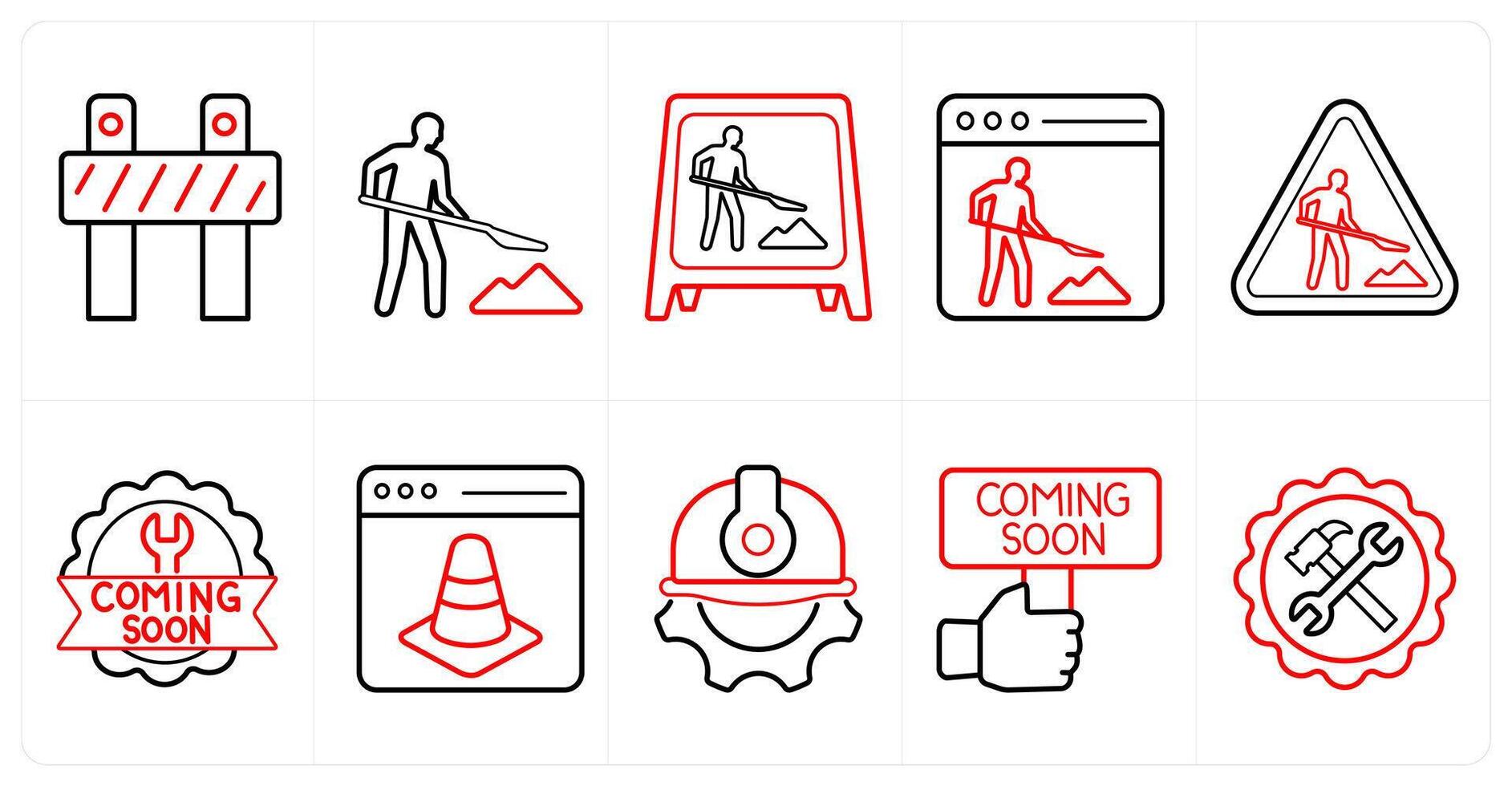 A set of 10 Under Construction icons as under construction, work in progress, website maintenance in red line color vector