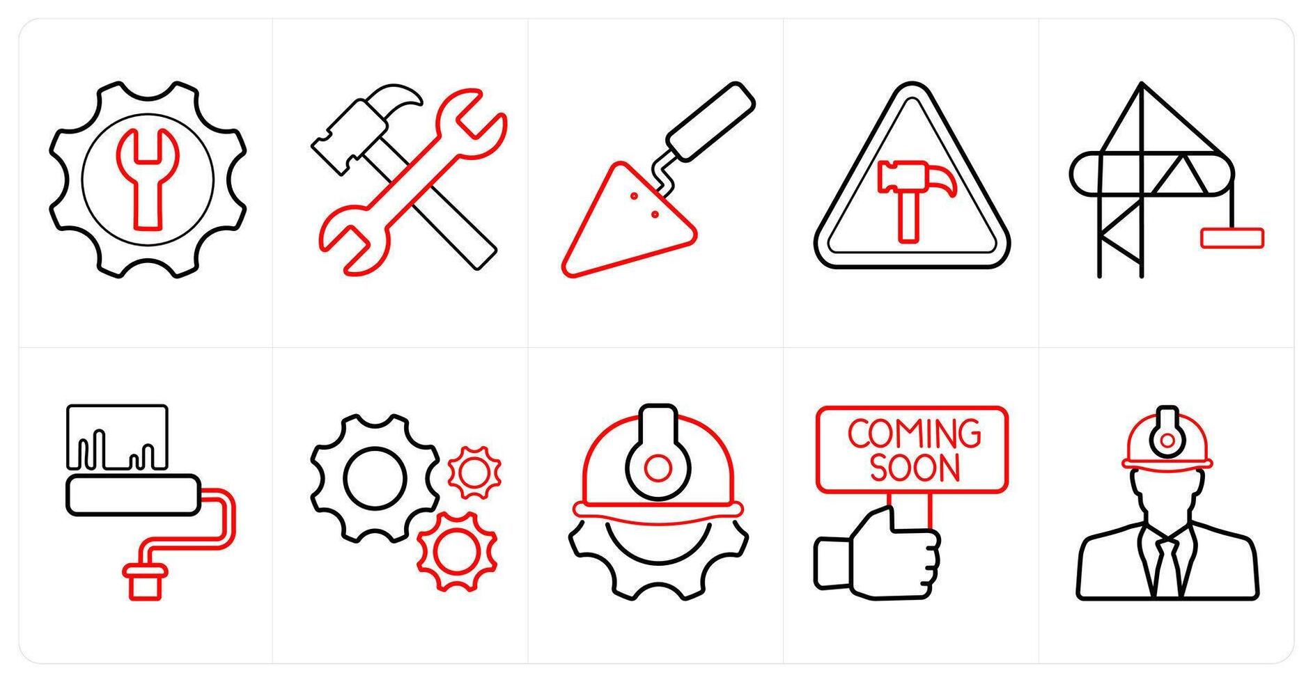 A set of 10 Under Construction icons as tools, repair tools, hand tools in red line color vector