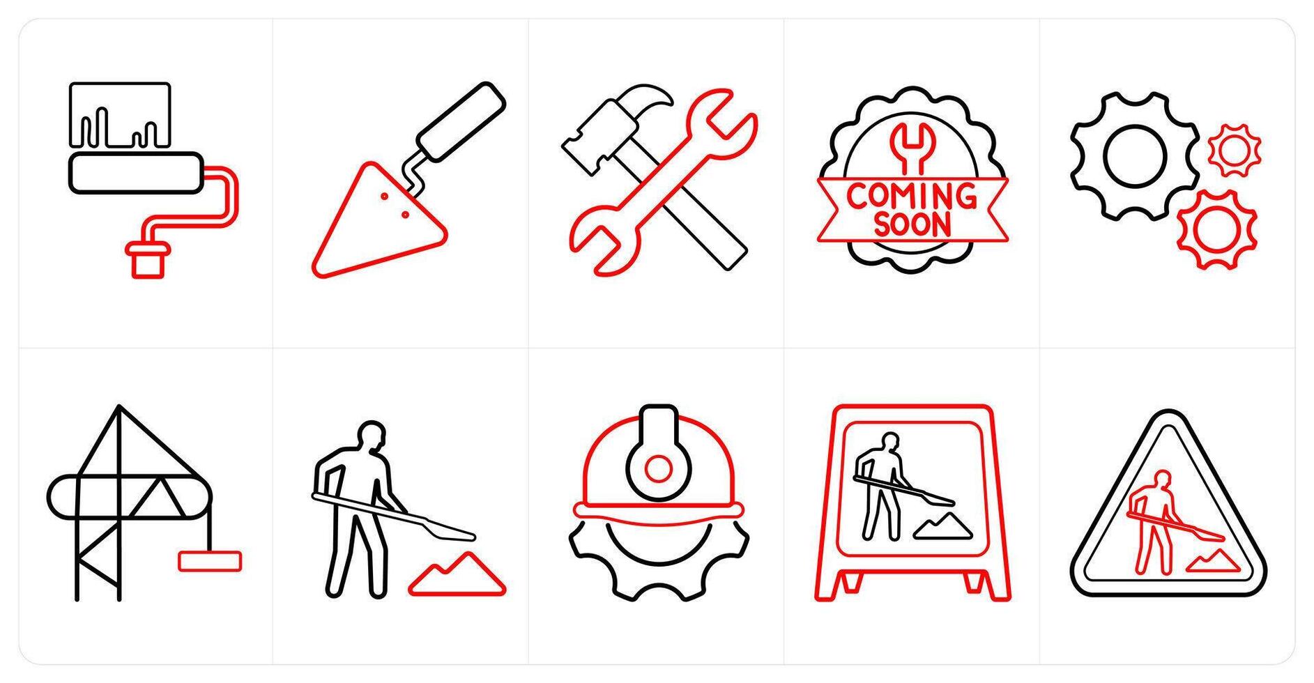 A set of 10 Under Construction icons as white wash, hand tools, repair tools in red line color vector