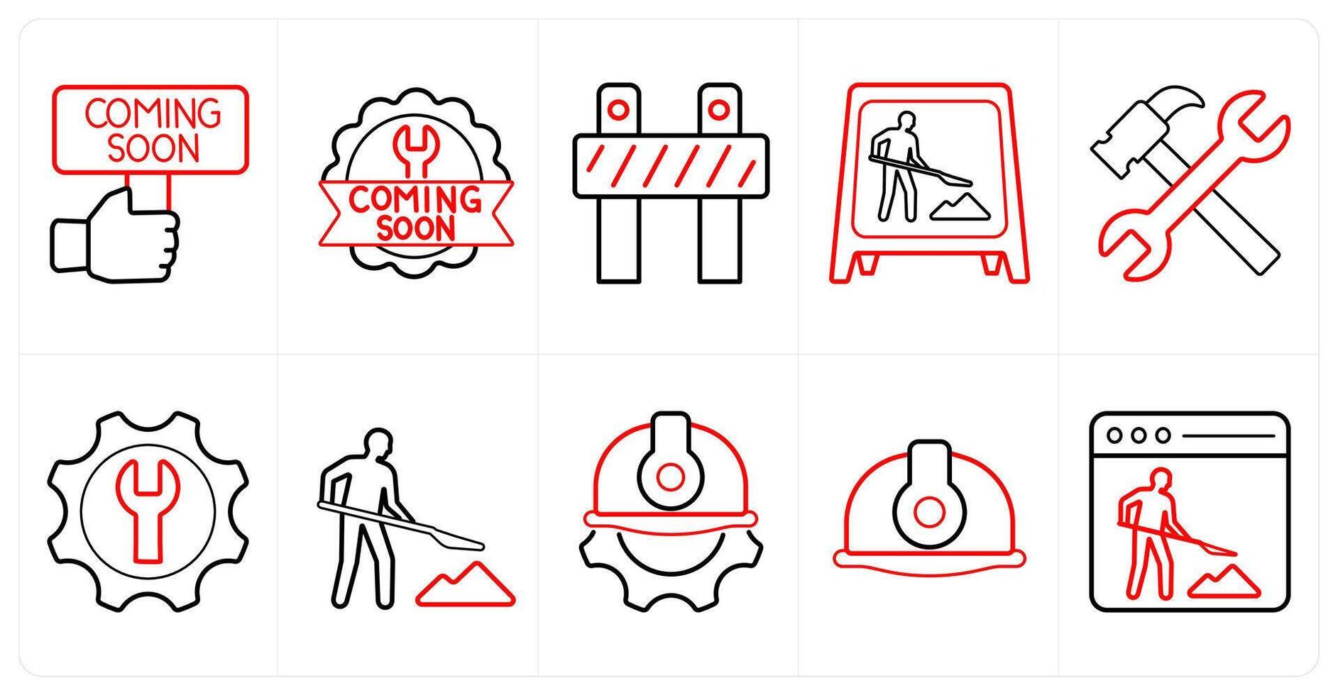 A set of 10 Under Construction icons as coming soon, under maintenance, work in progress in red line color vector