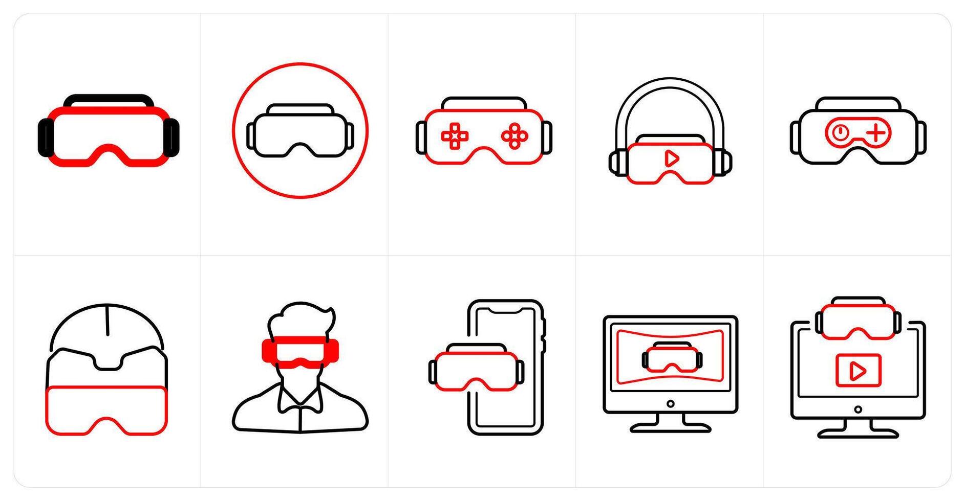 A set of 10 Virtual Reality icons as vr glaases, emotion, game in red line color vector