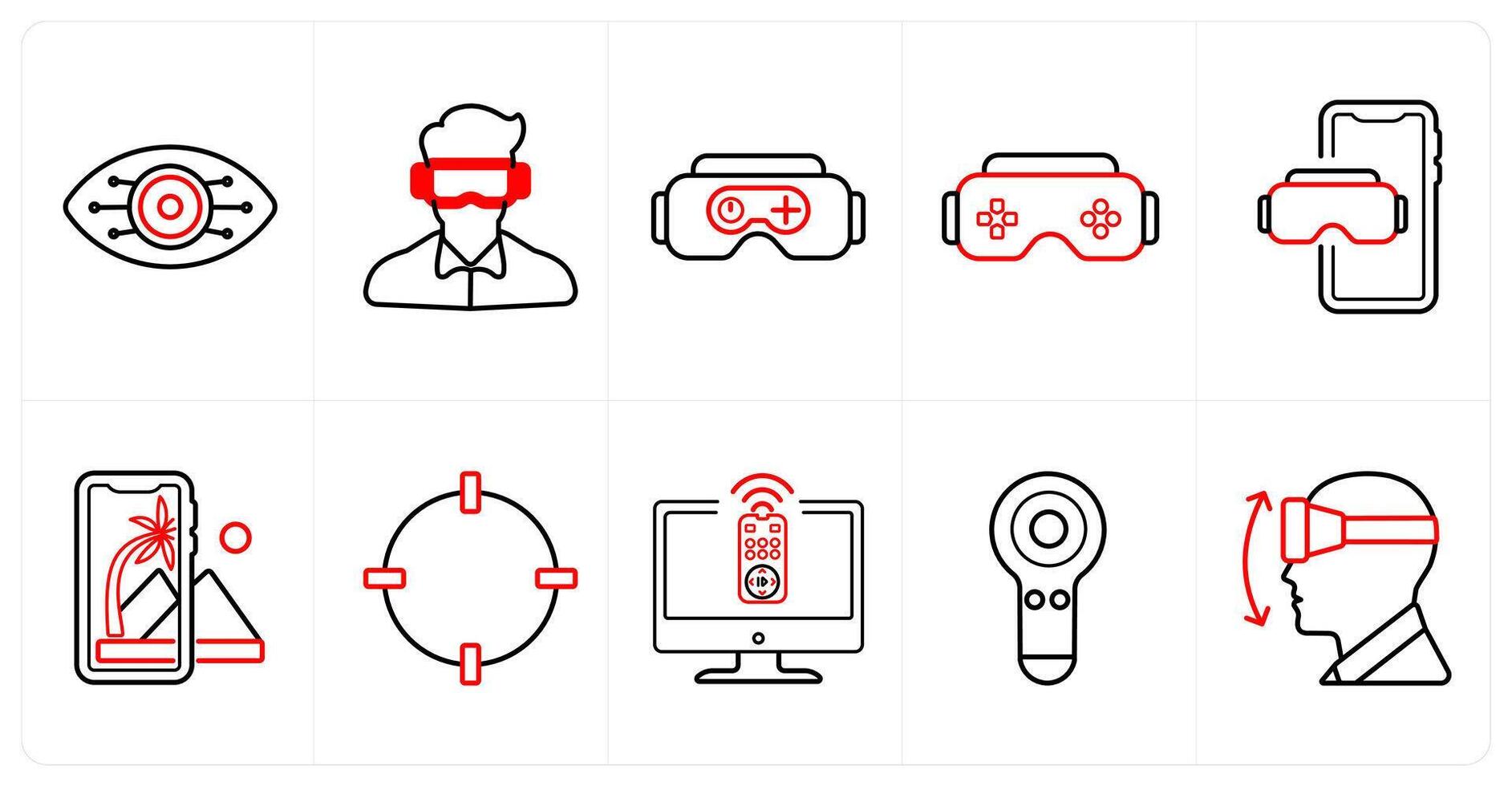 A set of 10 Virtual Reality icons as cyber eye vision, oculus vr, vr gaming in red line color vector