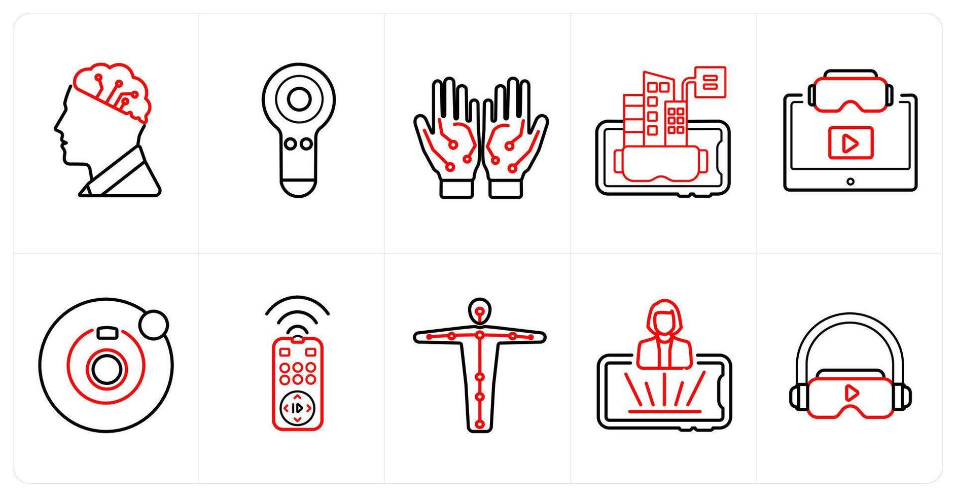 A set of 10 Virtual Reality icons as artificial intelligence, controller, wired gloves in red line color vector