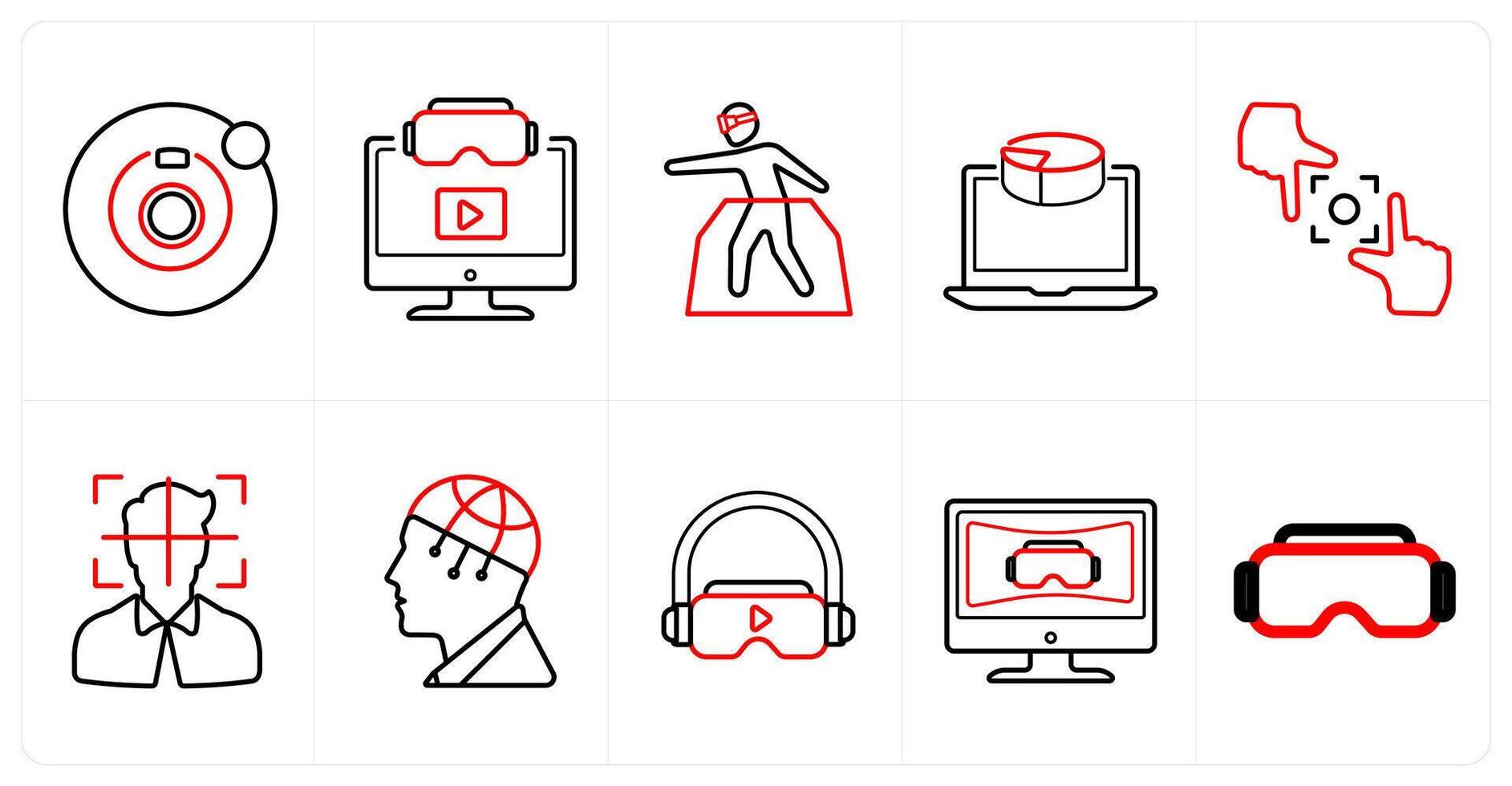 A set of 10 Virtual Reality icons as camera 360, 3d , vr platform in red line color vector