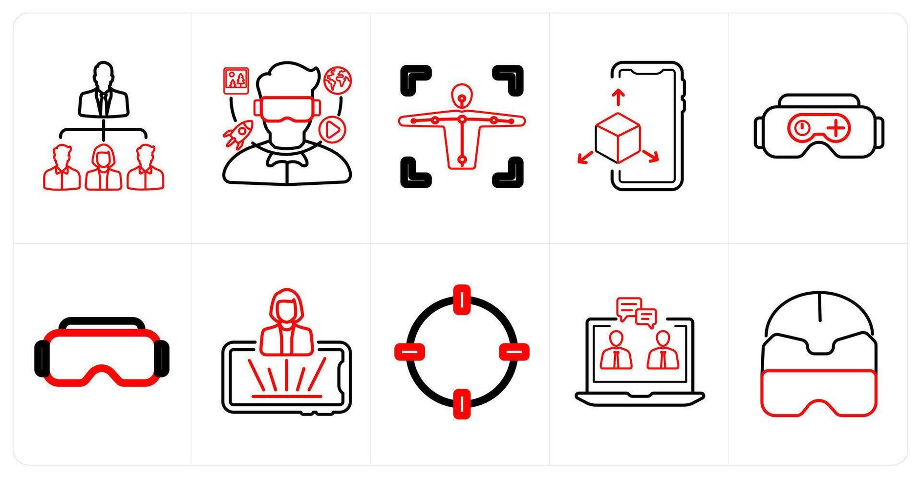 A set of 10 Virtual Reality icons as social network, virtual reality, motion capture in red line color vector