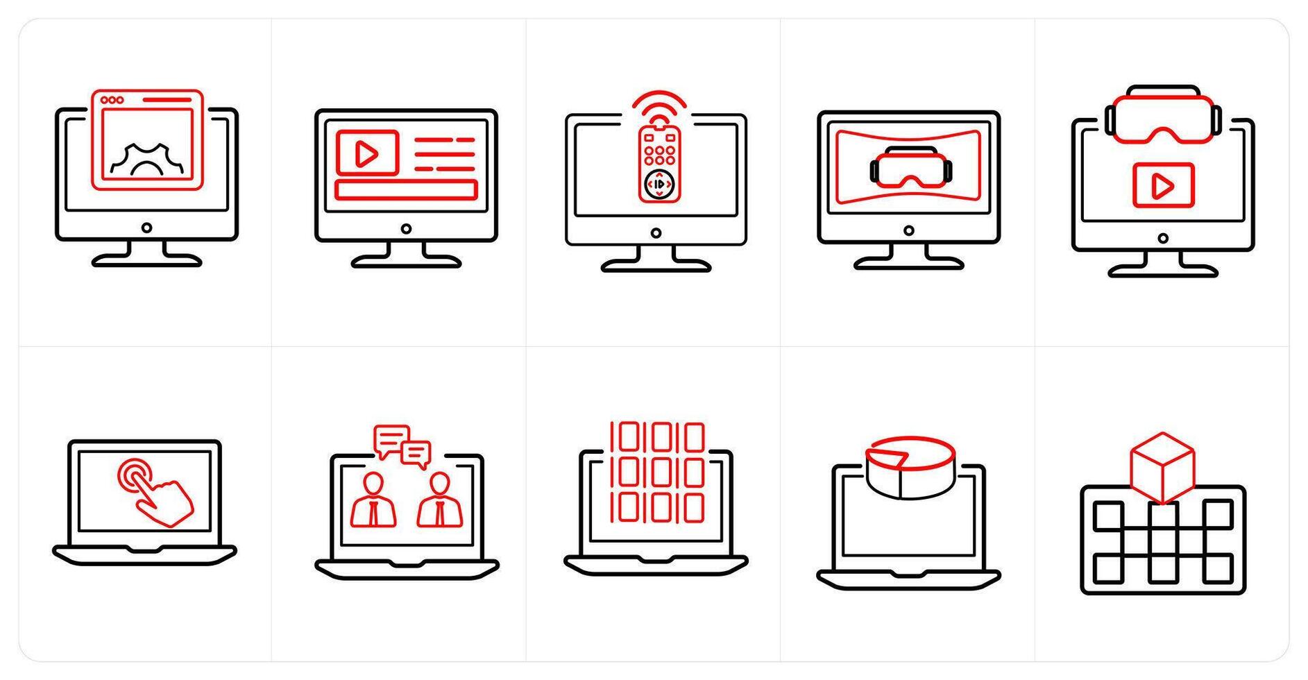 A set of 10 Virtual Reality icons as interface, content, control devices in red line color vector