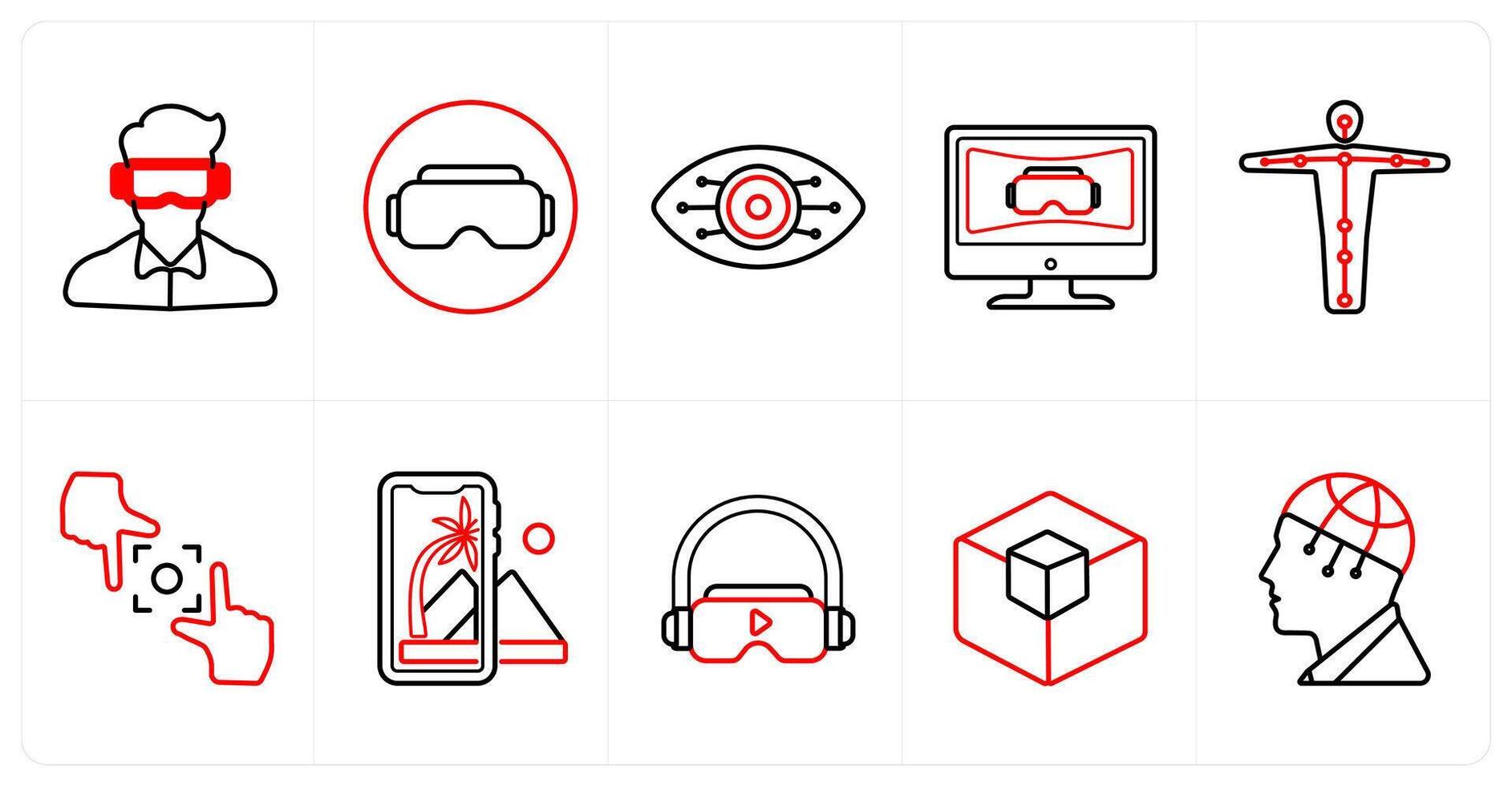 A set of 10 Virtual Reality icons as oculus vr, emotion, cyber eye vision in red line color vector
