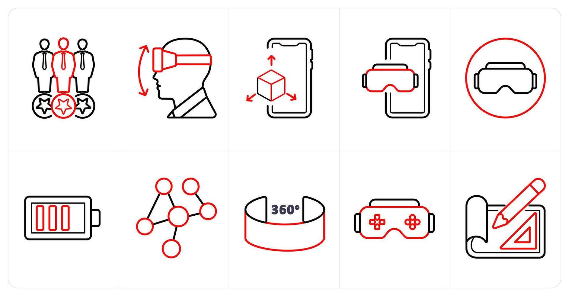 A set of 10 Virtual Reality icons as consumers, vr movements, 3d display in red line color vector