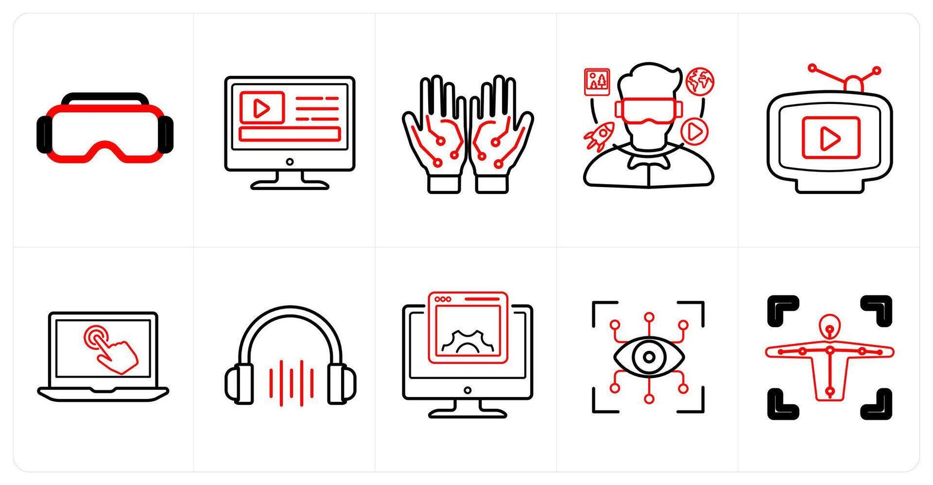 A set of 10 Virtual Reality icons as vr glasses, content, wired glasses in red line color vector