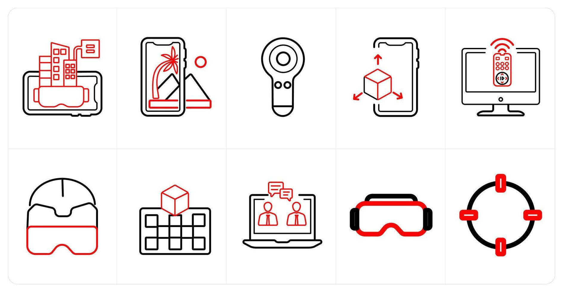 A set of 10 Virtual Reality icons as vr application, controllers, 3d display in red line color vector