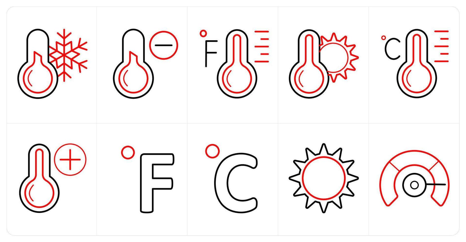 A set of 10 Weather icons as thermometer, cold temperature, fahrenheit in red line color vector